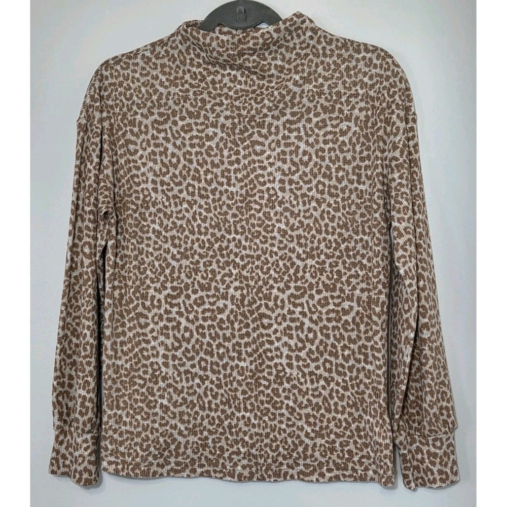 Beachlunchlounge Balloon Sleeve Thin Waffle Leopard Mock Neck Womens Size Small